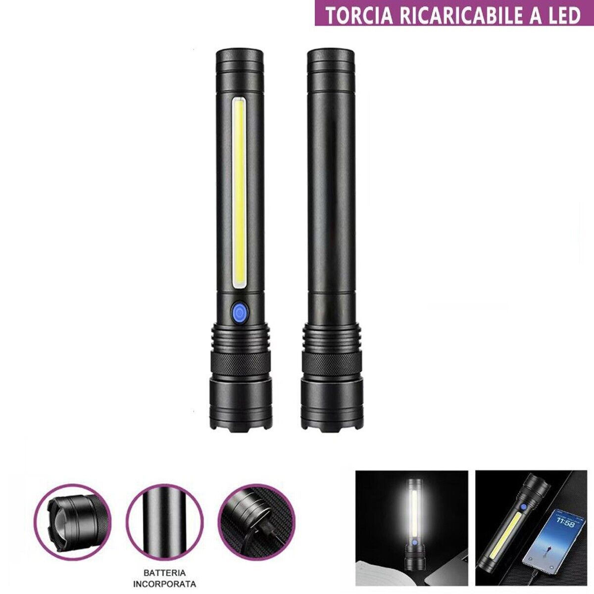 TORCIA RICARICABILE LED LATERALE COB USB POTENTE BATTERIA PORTATILE TE-B0623