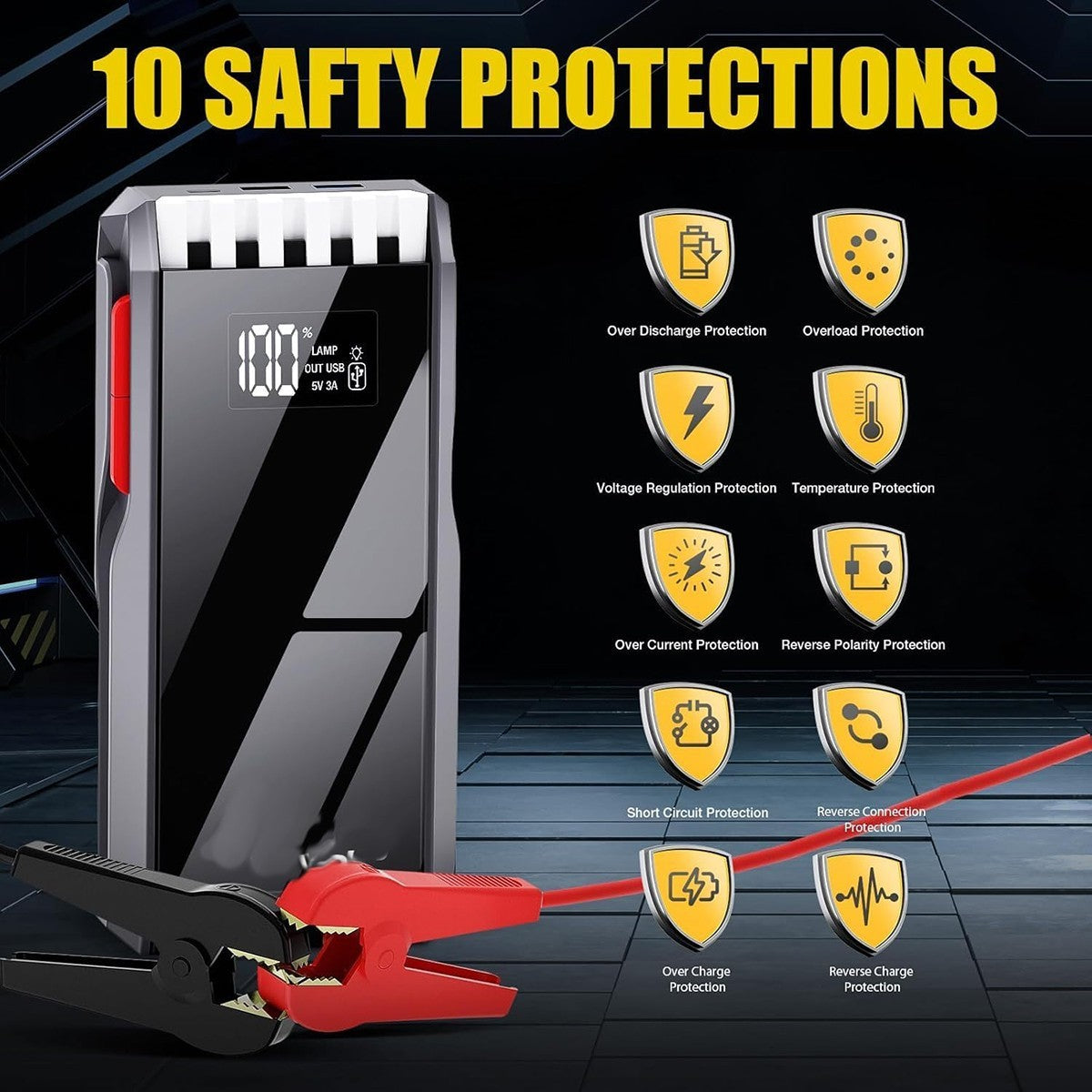 DÉMARREUR DE SECOURS VOITURE 12000MAH BOOSTER 1500A POWER BANK LAMPE DE POCHE LED USB-C