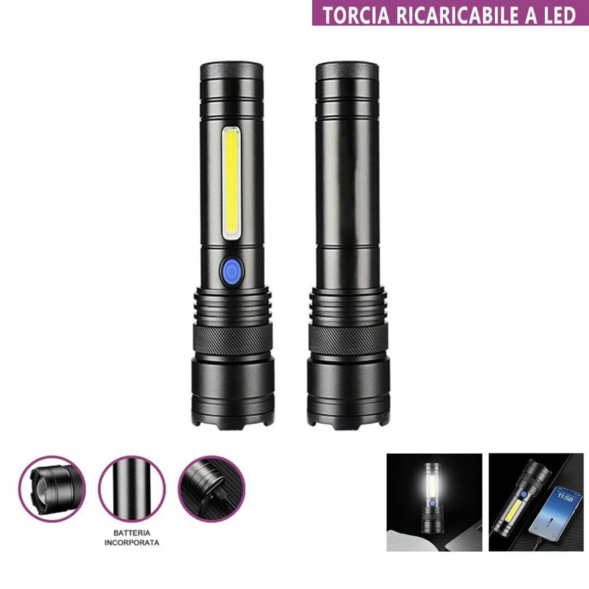 TORCIA RICARICABILE LED LATERALE COB USB POTENTE BATTERIA PORTATILE TE-B0621