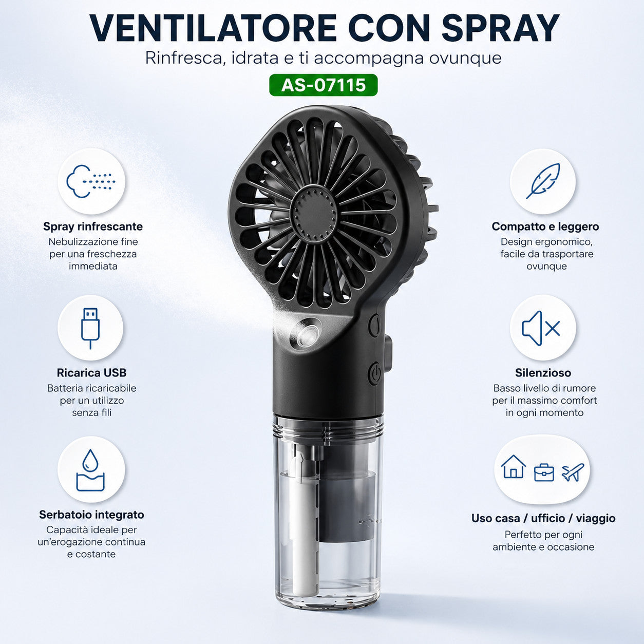 VENTILATORE PORTATILE CON SPRAY RICARICABILE USB MINI FAN UMIDIFICATORE AS-07115