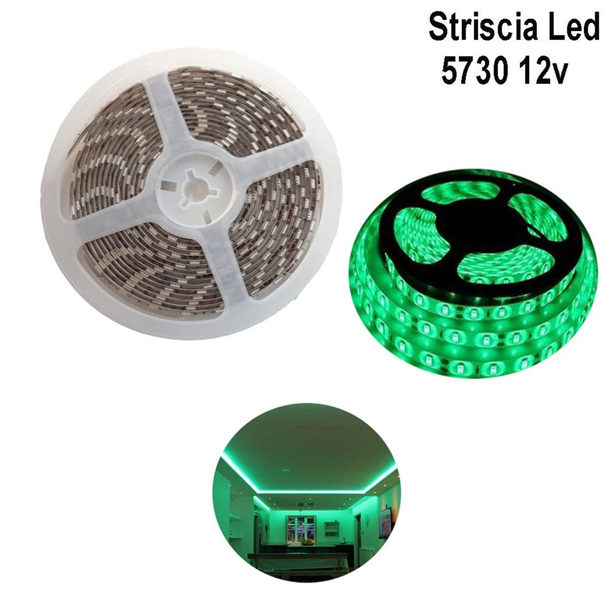 STRISCIA LED VERDE 5MT SMD 5730 ALTA LUMINOSITÀ 12V 15W BOBINA ADESIVA TE-B0489