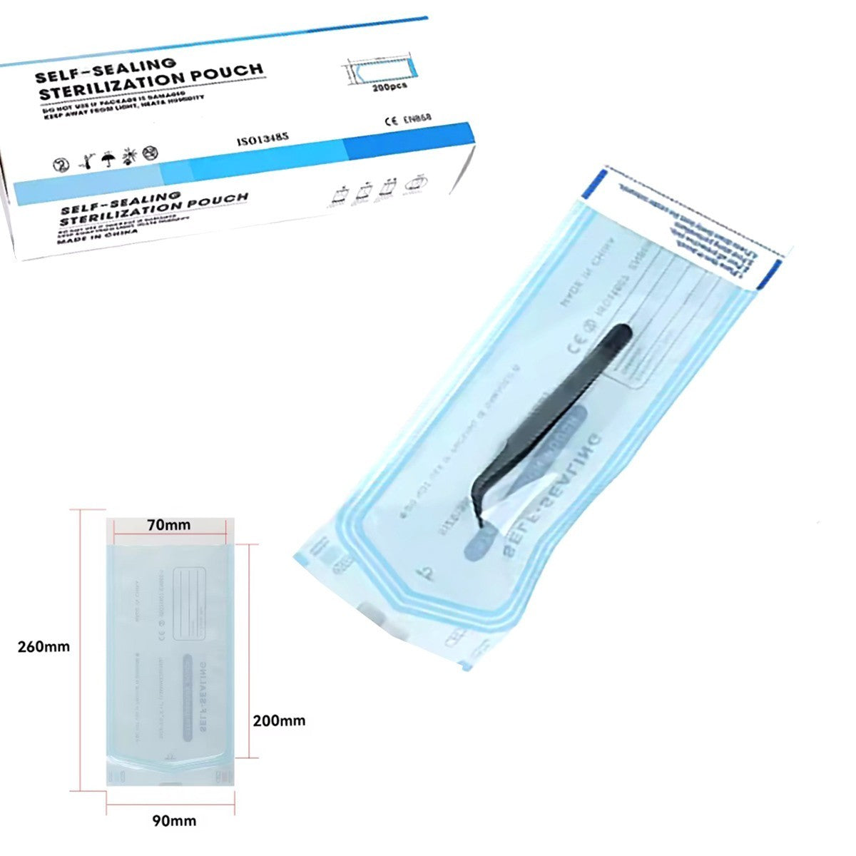 200 POCHETTES DE STÉRILISATION AUTO-ADHÉSIVES, SCELLABLES, POUR ESTHÉTICIENNES, DENTISTES, 90X260MM