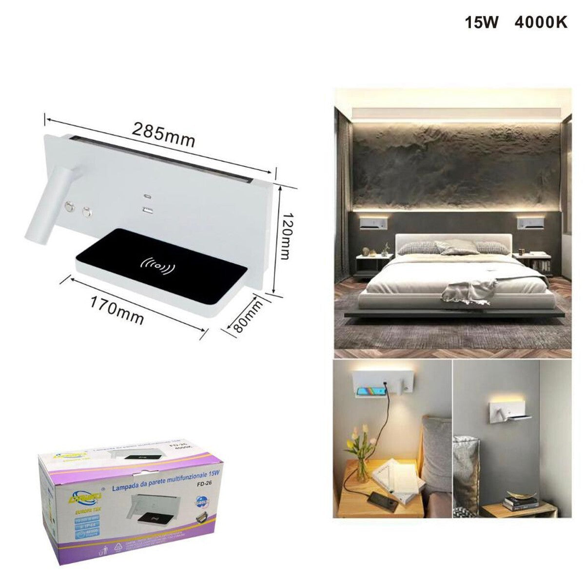 Paire d'appliques murales LED 4000K BLANC pour chevet, lecture, recharge sans fil