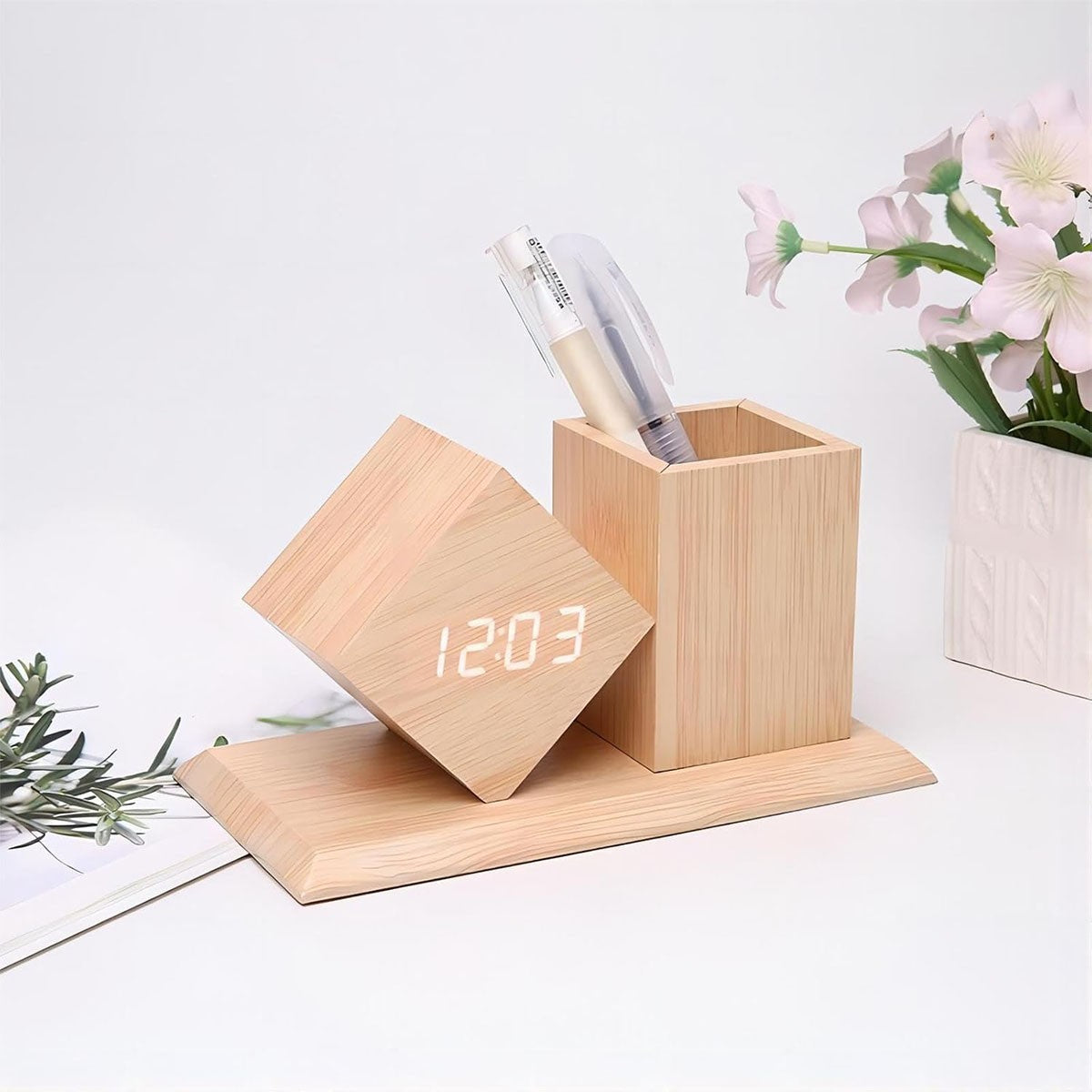 SVEGLIA DIGITALE MULTIFUNZIONE CON PORTAPENNE LEGNO LED TEMPERATURA USB 06725