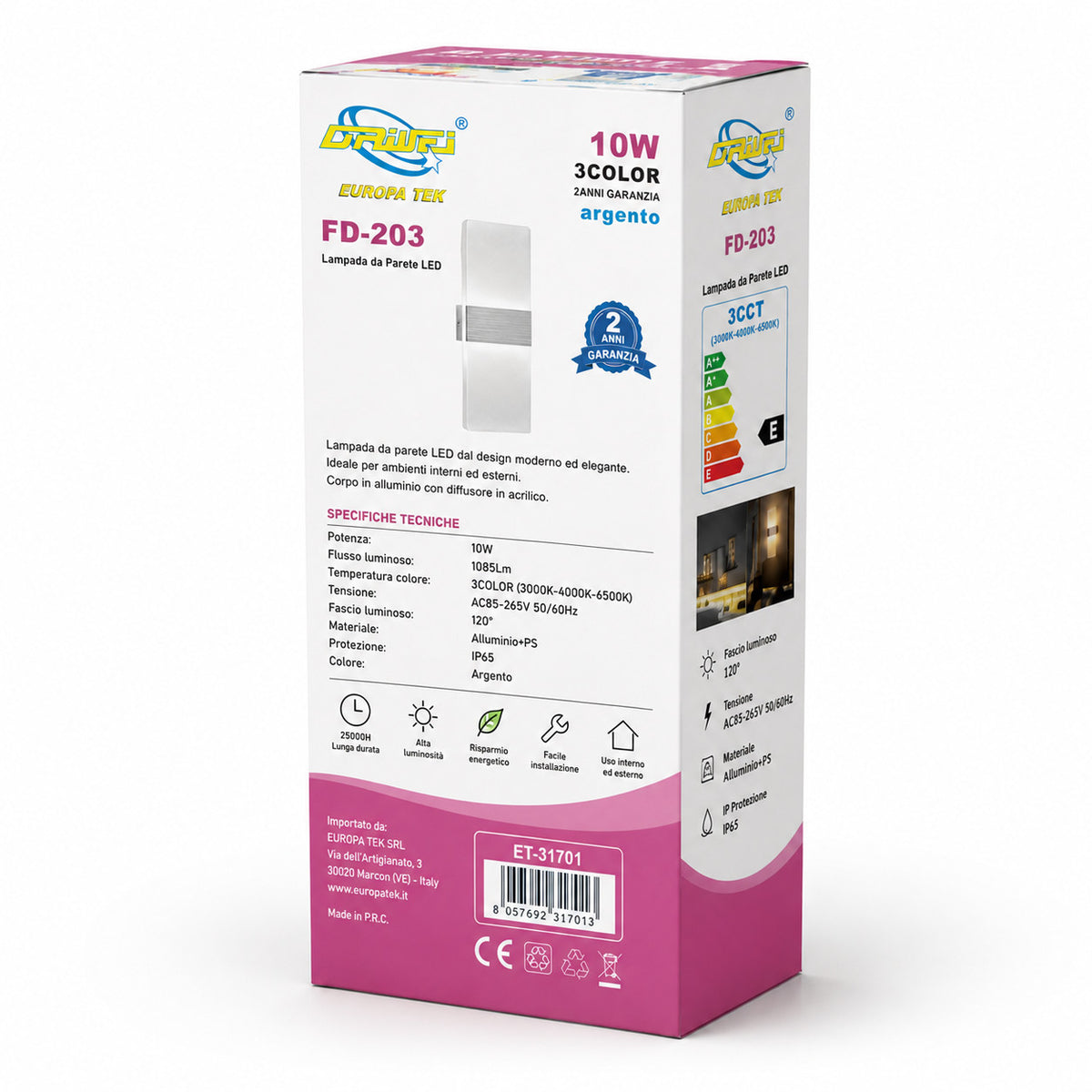 APPLIQUE LED 10W ESTERNO LAMPADA PARETE ARGENTO IP65 3000K 4000K 6000K ET-31701