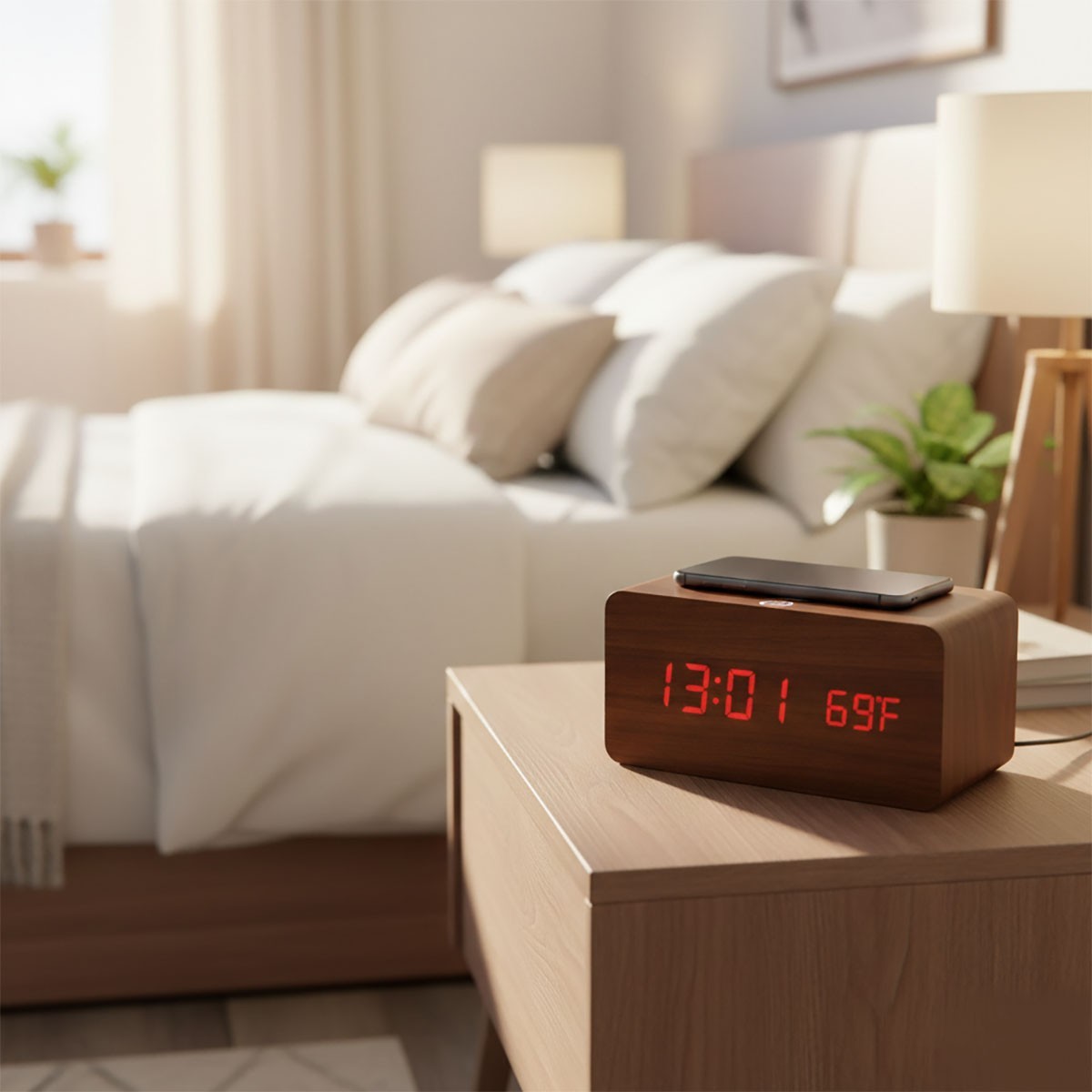 SVEGLIA DIGITALE MULTIFUNZIONE LEGNO LED RICARICA WIRELESS TEMPERATURA 06724