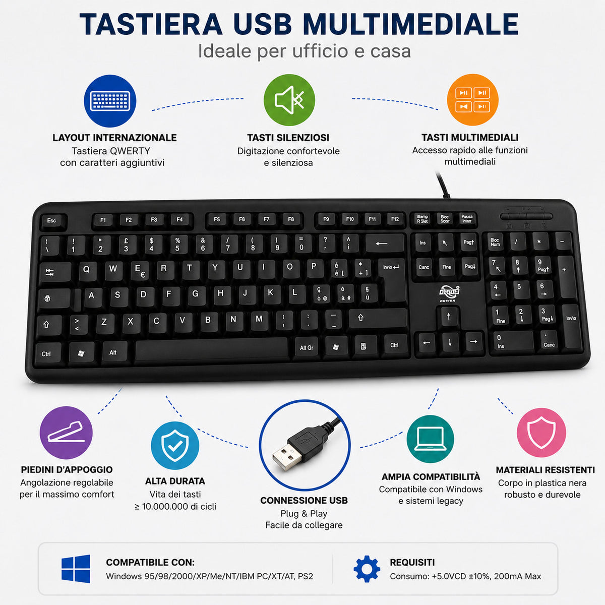 TASTIERA USB MULTIMEDIALE PC LAYOUT INTERNAZIONALE CAVO NERO UFFICIO LD-9272