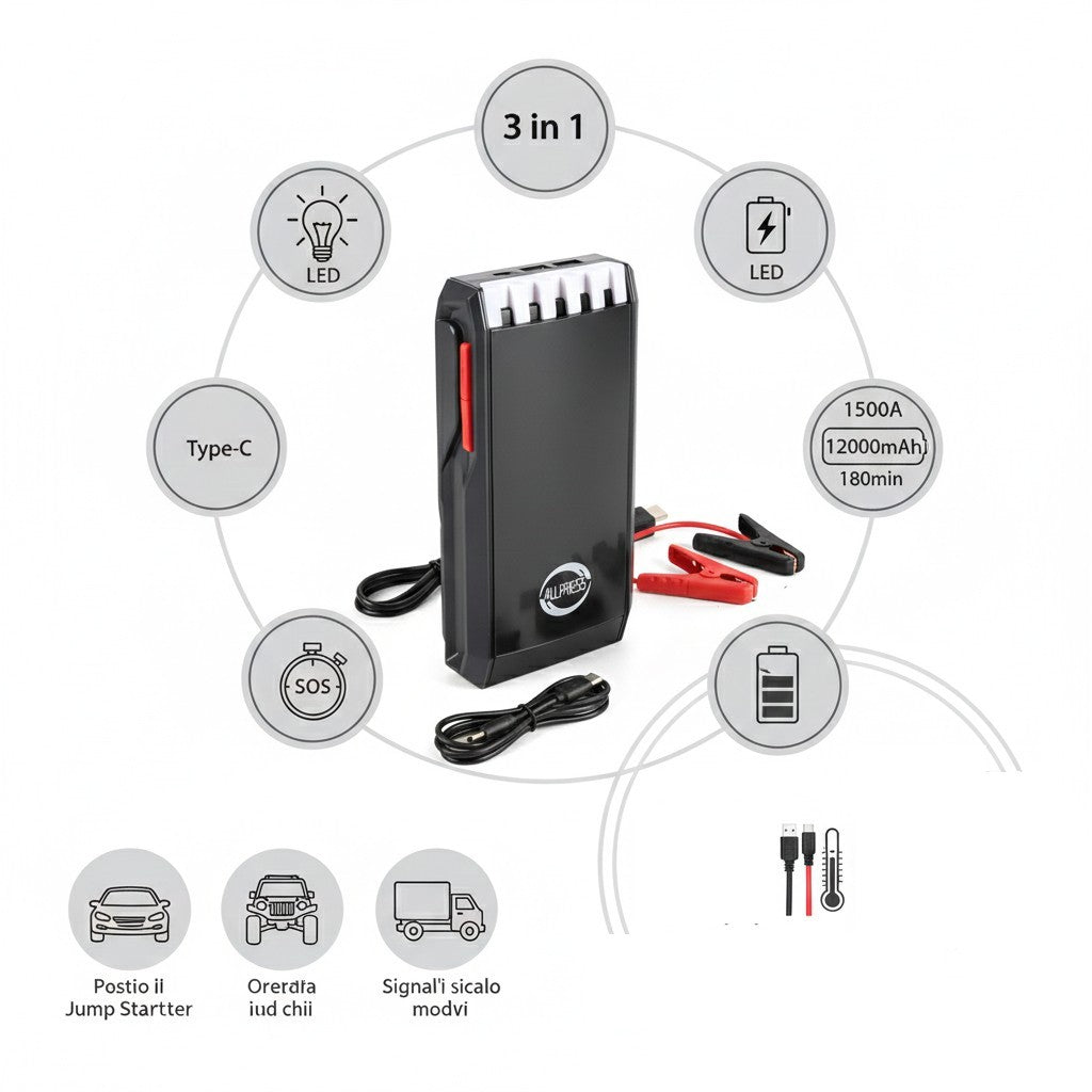DÉMARREUR DE SECOURS VOITURE 12000MAH BOOSTER 1500A POWER BANK LAMPE DE POCHE LED USB-C