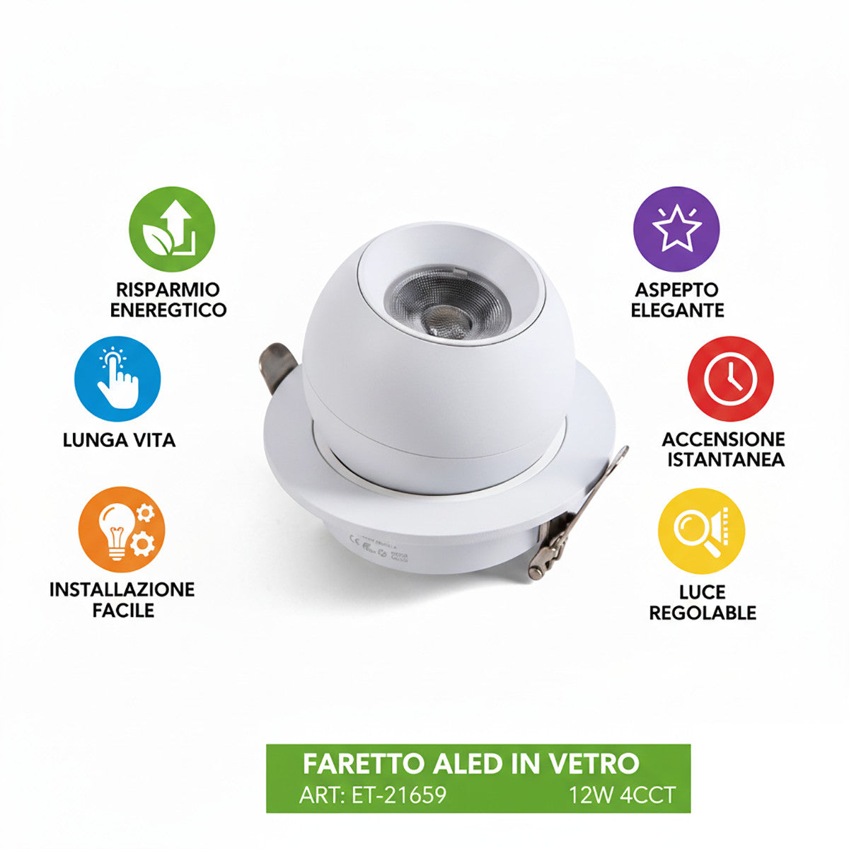 FARETTO LED INCASSO 12W ORIENTABILE 4CCT 3000K 4000K 6000K 1290LM ET-21659