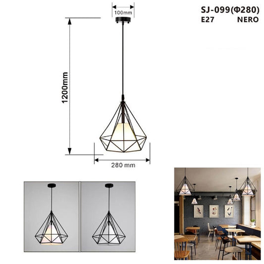 LUSTRE CAGE MÉTAL INDUSTRIEL RÉTRO E27 SUSPENSION VINTAGE NOIR SJ-099