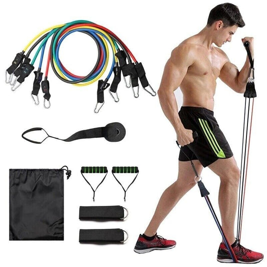 KIT 10 BANDES ÉLASTIQUES DE RÉSISTANCE FITNESS MUSCULATION AVEC POIGNÉES FORCE