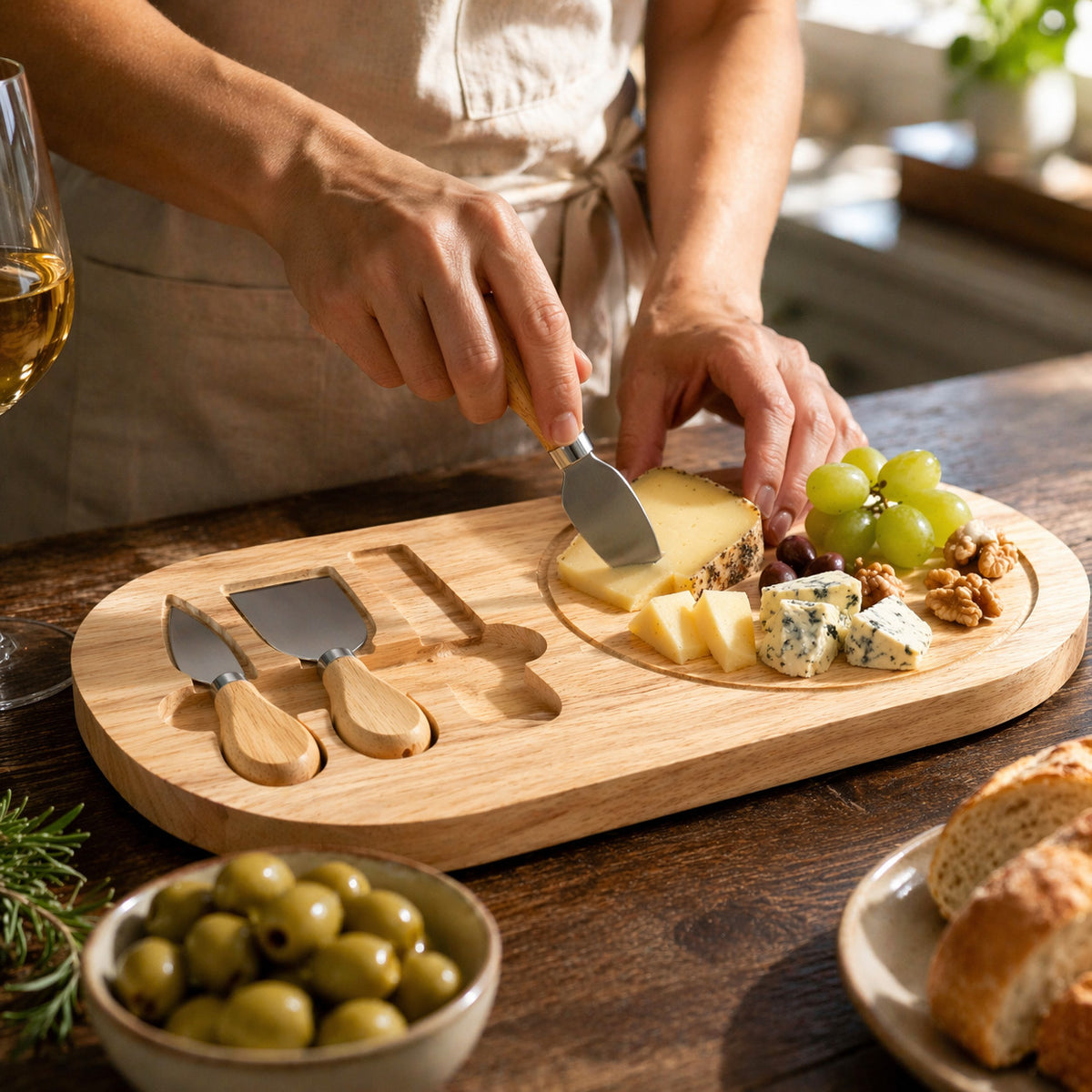 TAGLIERE LEGNO CON COLTELLI FORMAGGI SET 4 PZ TAGLIERE SERVIZIO SALUMI CUCINA