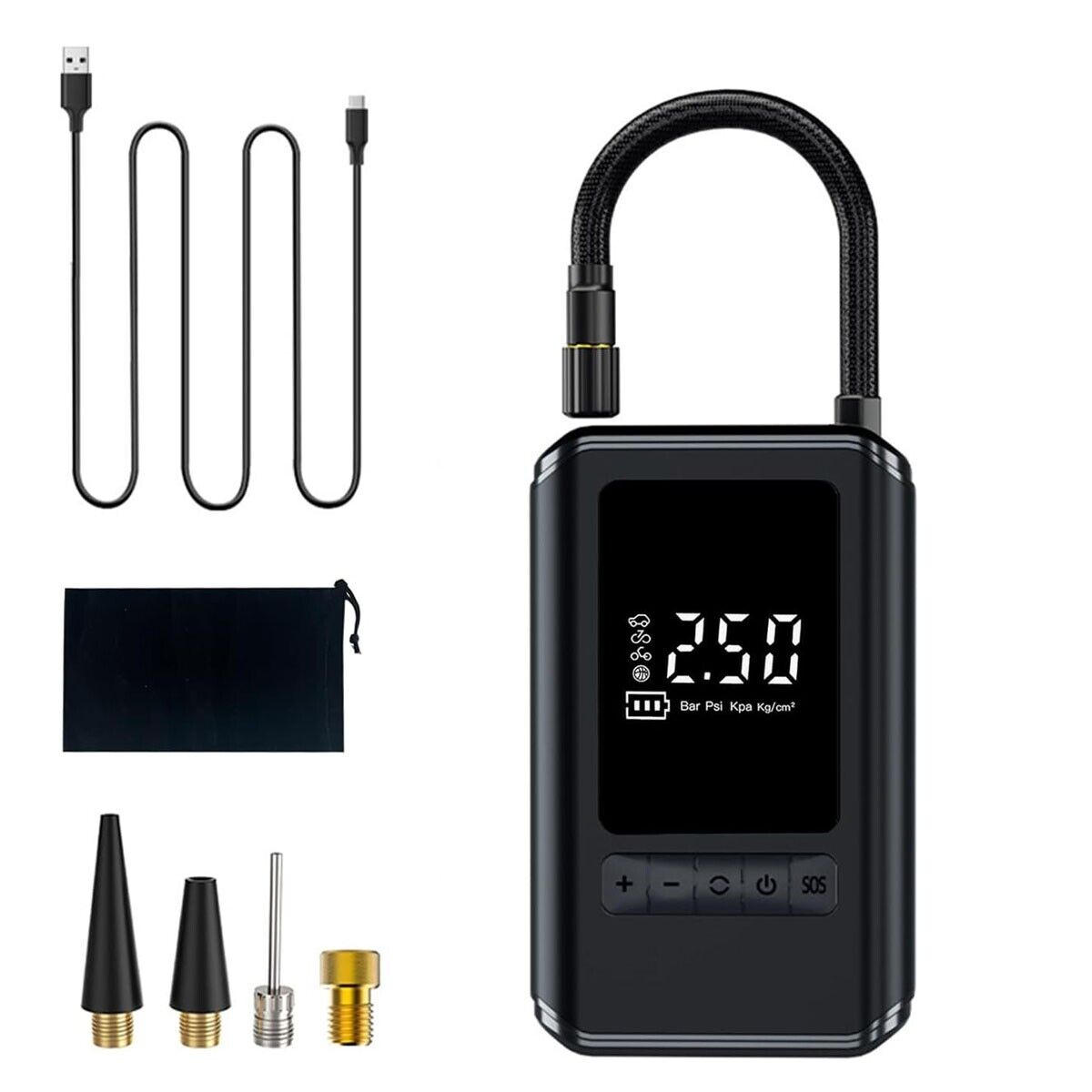 MINI COMPRESSORE AD ARIA AUTO PORTATILE GONFIATORE RICARICABILE DISPLAY LED AUTO