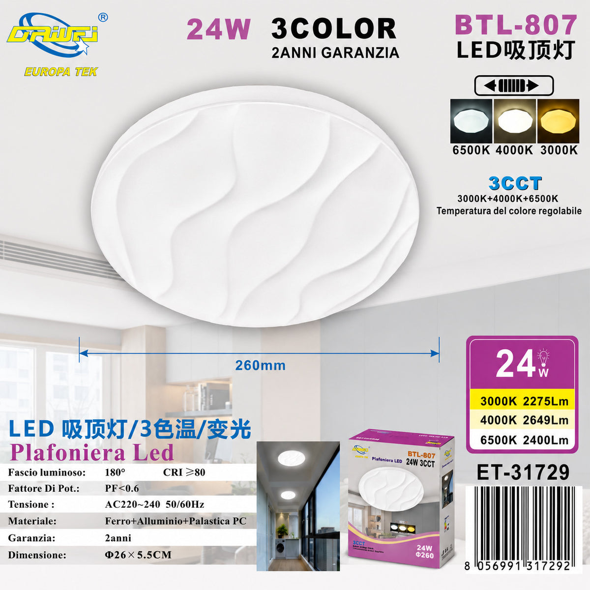PLAFONIERA LED 36W 3CCT 33CM LAMPADA SOFFITTO LUCE 3000K 4000K 6500K ET-31730