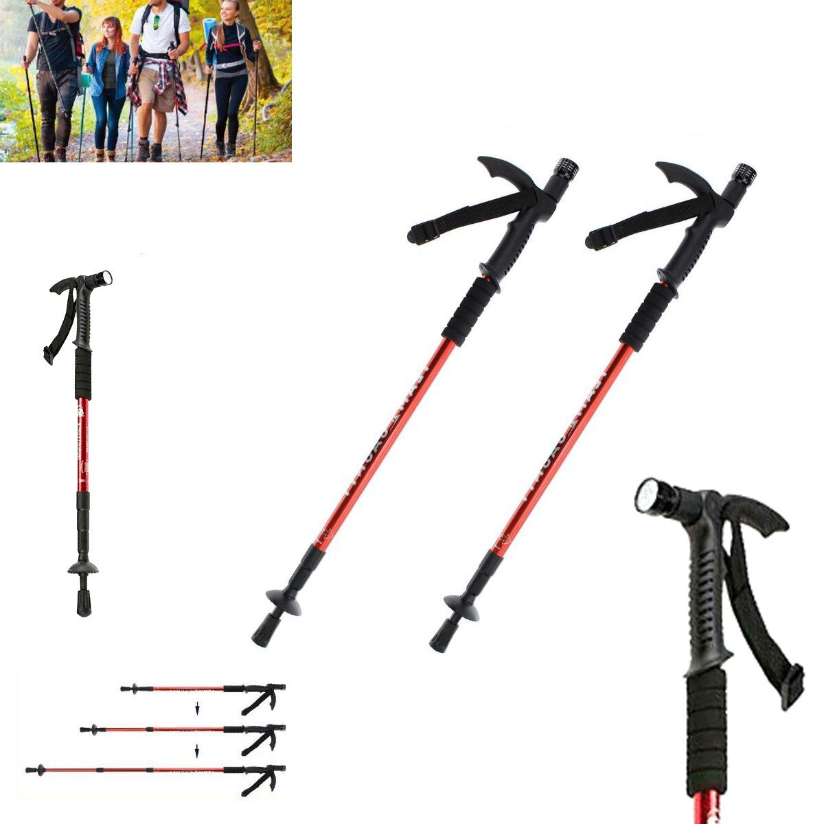 PAIRE DE BÂTONS DE TREKKING TÉLESCOPIQUES RÉGLABLES POUR LA RANDONNÉE ET LA MARCHE AVEC LUMIÈRE LED