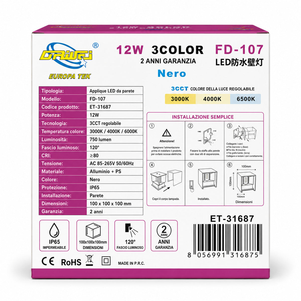 APPLIQUE LED 12W ESTERNO LAMPADA PARETE NERA IP65 3000K 4000K 6000K ET-31687