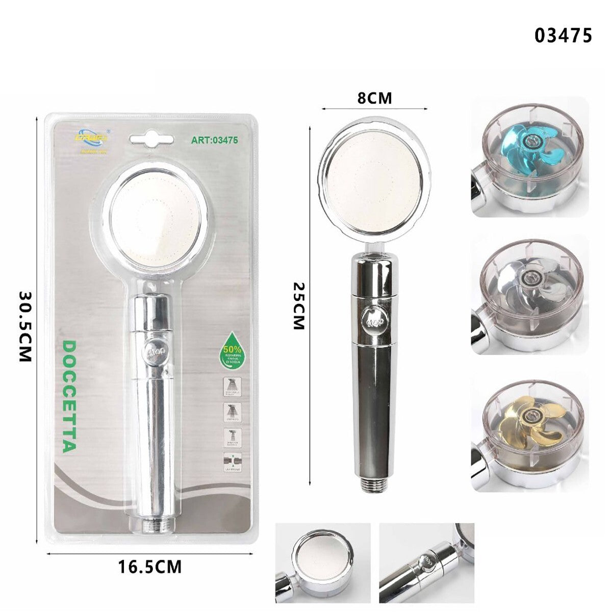 SOFFIONE DOCCIA TURBO ELICA ALTA PRESSIONE ROTAZIONE RISPARMIO IDRICO 03475