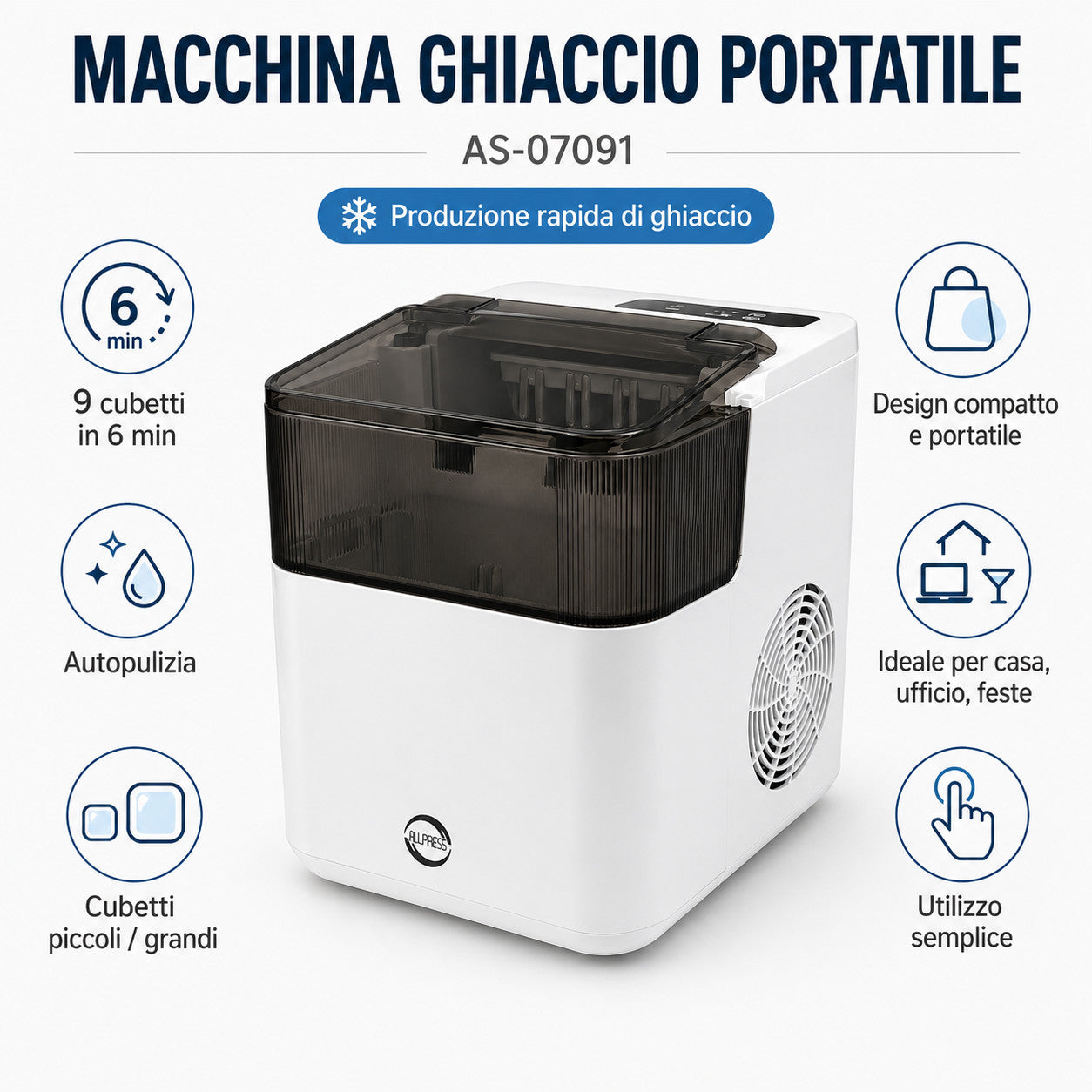 MACCHINA GHIACCIO PORTATILE 9 CUBETTI GHIACCIATRICE AUTOMATICA COMPATTA AS-07091