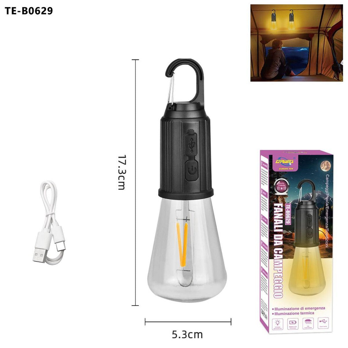 LAMPE LED CAMPING USB RECHARGEABLE AVEC CROCHET PORTABLE LUMIÈRE D'URGENCE B0629