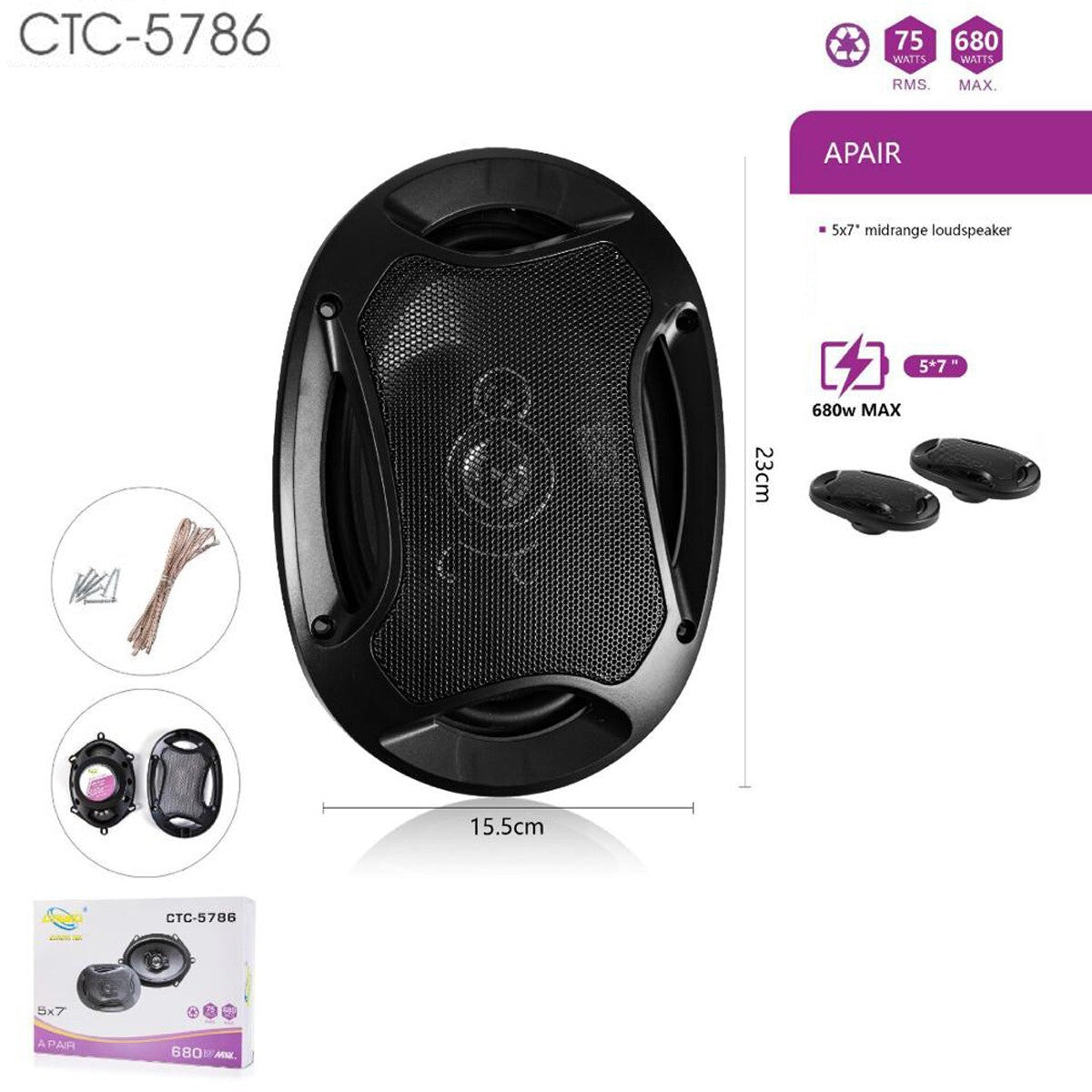 Paire de haut-parleurs de voiture 23X15,5 CM 75W RMS 680W MAX SPEAKER CTC-5786*