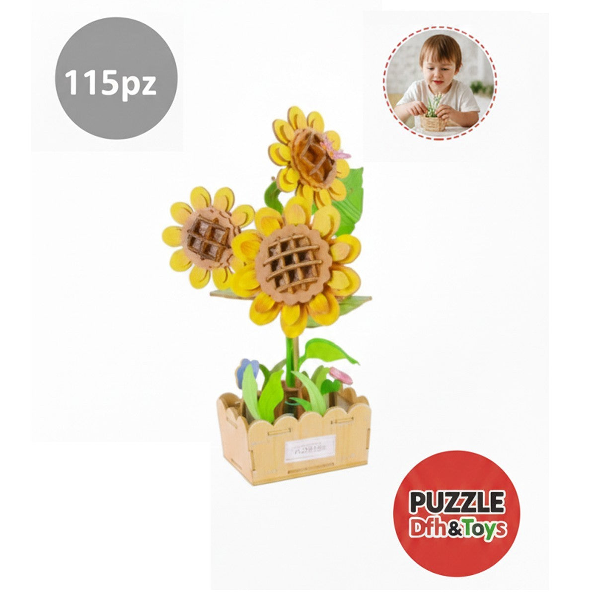 PUZZLE 3D GIRASOLI LEGNO 115PZ FIORI ARTIFICIALI COSTRUZIONI REGALO 32388