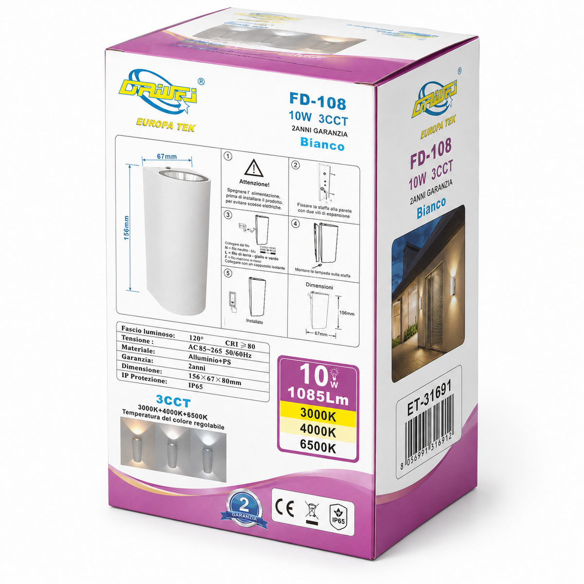 APPLIQUE LED 10W ESTERNO LAMPADA PARETE BIANCA IP65 3000K 4000K 6000K ET-31691