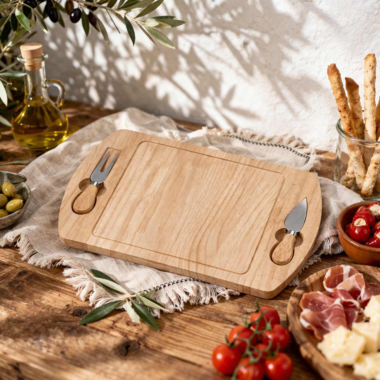 TAGLIERE LEGNO CON SET COLTELLI FORMAGGI 3 PEZZI VASSOIO SERVIZIO APERITIVO CENA