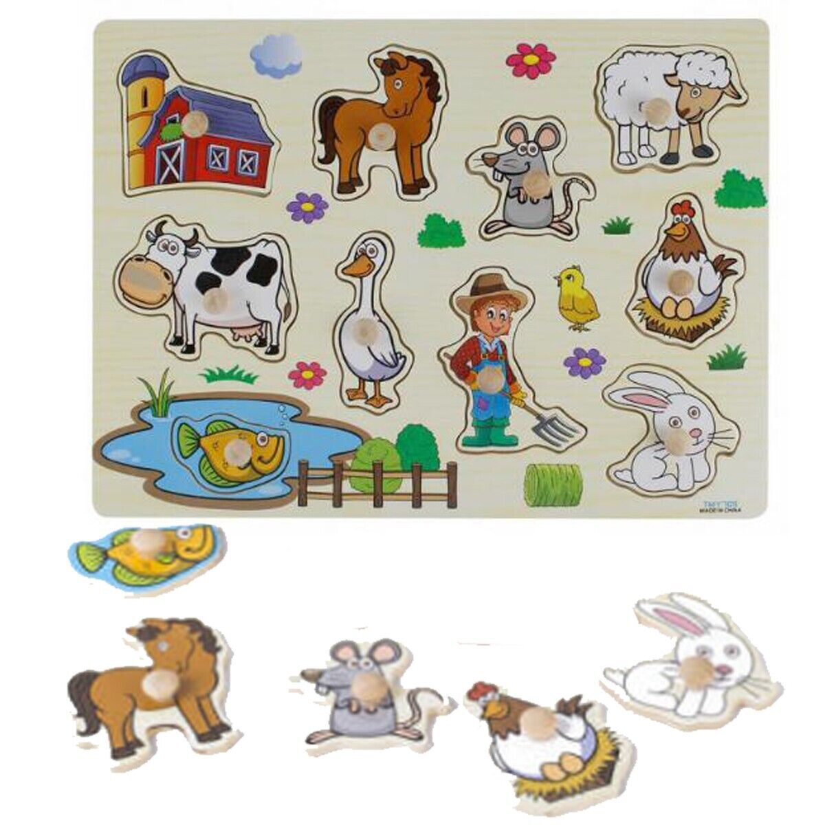 PUZZLE LEGNO INCASTRO EDUCATIVO  FATTORIA CAVALLO MUCCA SENSORIALE BAMBINI 07538