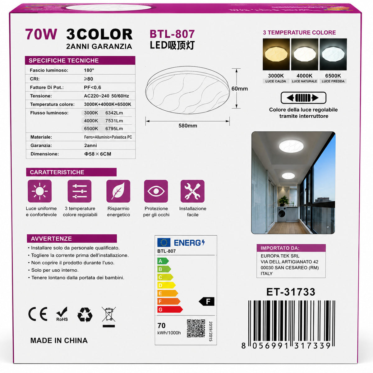 PLAFONIERA LED 70W 3CCT 58CM LAMPADA SOFFITTO LUCE 3000K 4000K 6500K ET-31733