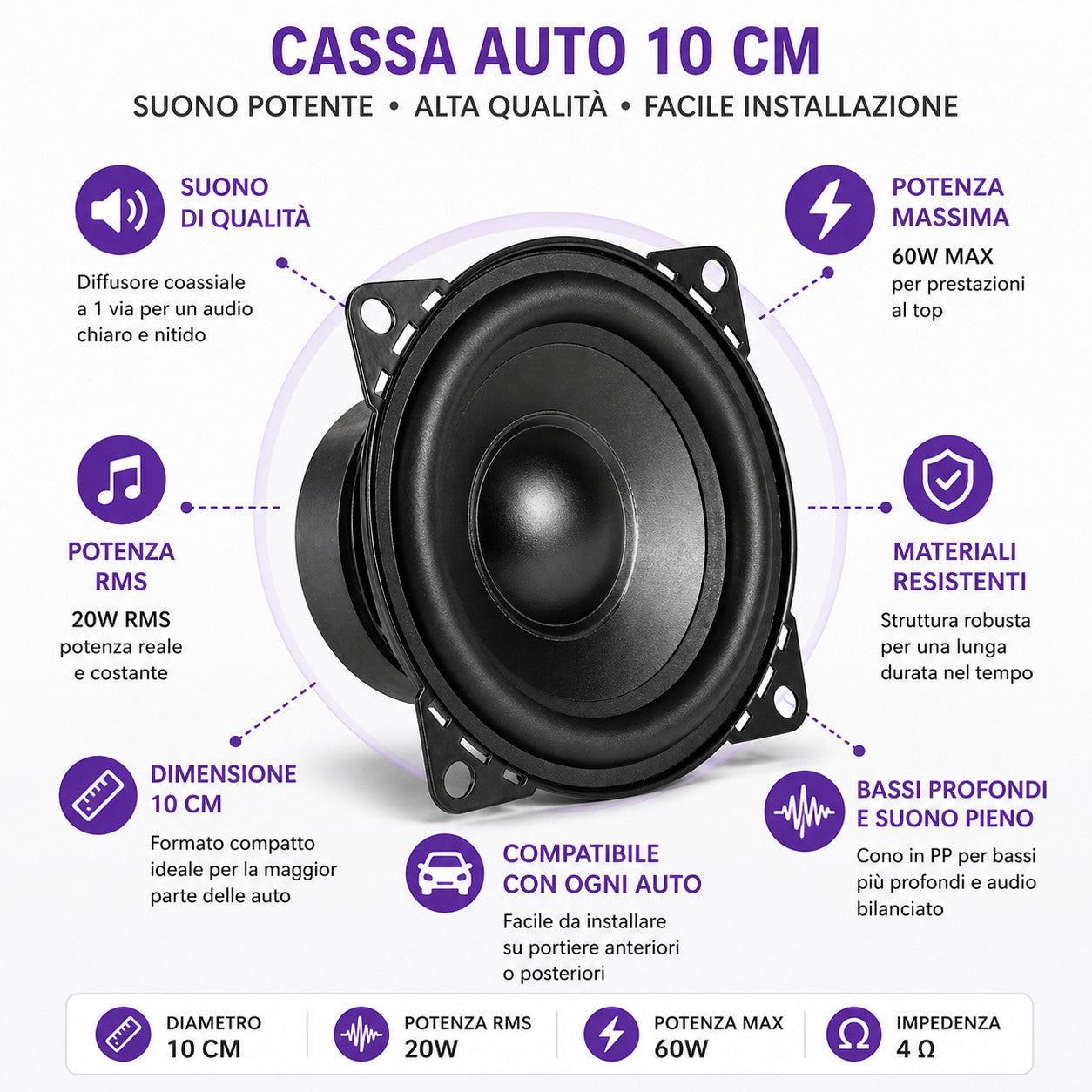 CAISSON DE VOITURE HAUT-PARLEUR 10 CM 20W RMS 60W MAX ENCEINTE AUDIO UNIVERSELLE CTC-407