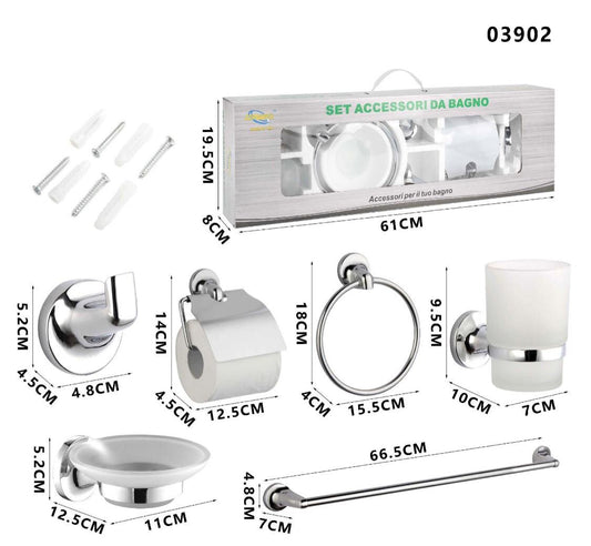 KIT COMPLET 6 ACCESSOIRES DE SALLE DE BAIN BARRE PORTE-SAVON WC CROCHET PORTE-SERVIETTES 03902