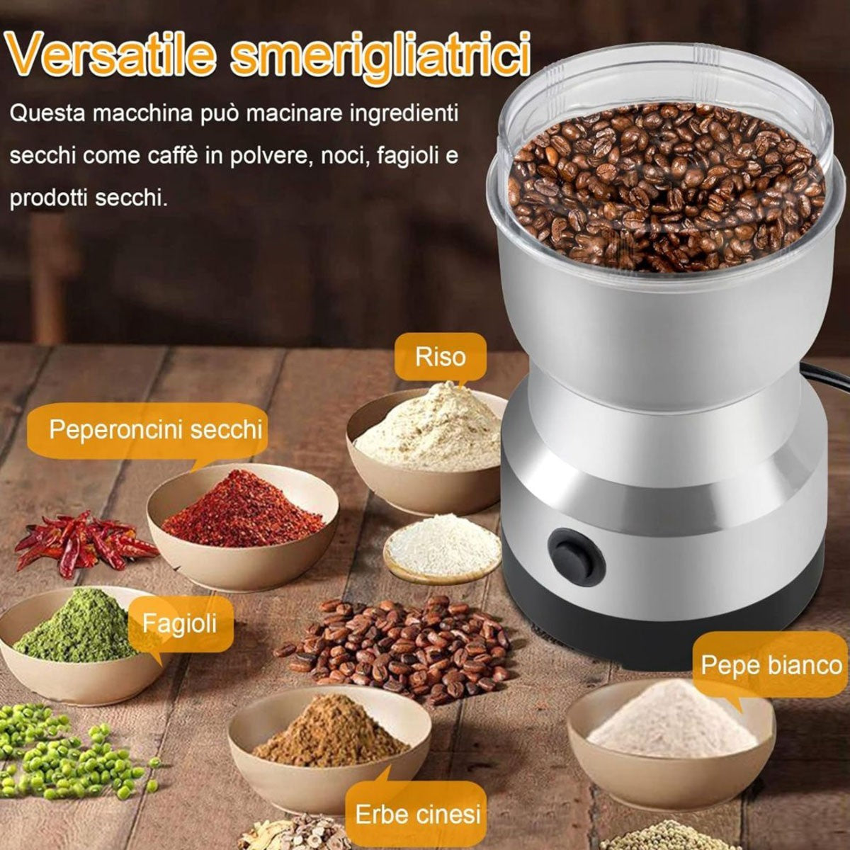 MACINACAFFE ELETTRICO 150W IN ACCIAIO INOX CAFFE SPEZIE SEMI USO CUCINA MY-7218