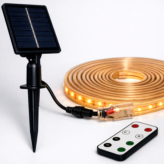 BANDE LED SOLAIRE 5 MÈTRES TÉLÉCOMMANDE BLANC CHAUD 3000K POUR EXTÉRIEUR ET-31609
