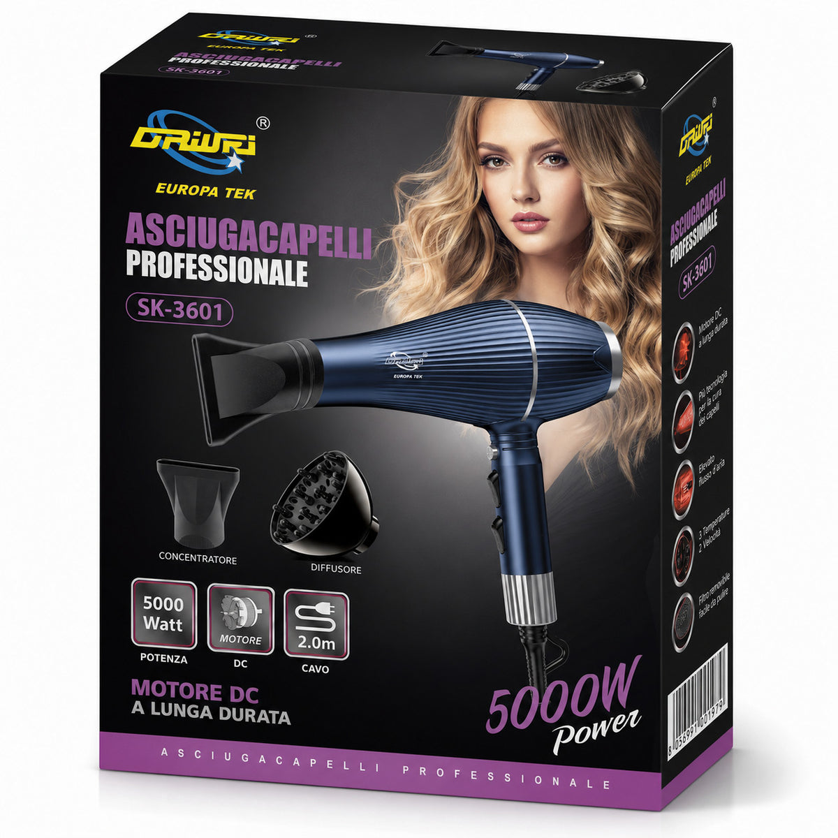 ASCIUGACAPELLI PROFESSIONALE 5000W PHON IONICO DIFFUSORE 2 VELOCITÀ SK-3601
