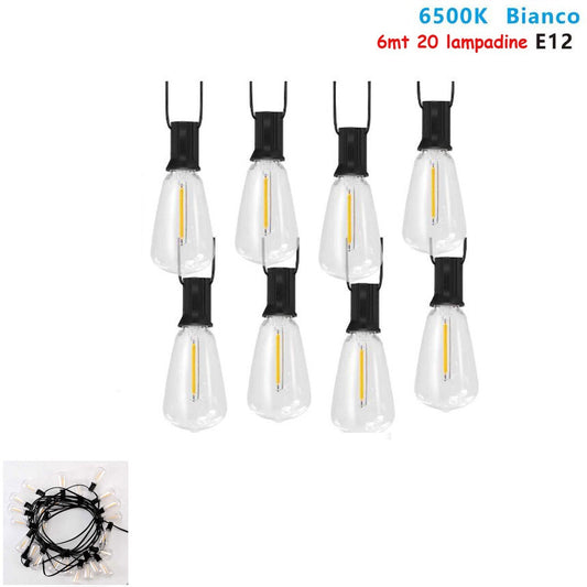 GUIRLANDE LUMINEUSE 6M AVEC 20 AMPOULES E12 EXTÉRIEUR LUMIÈRE FROIDE 6500K
