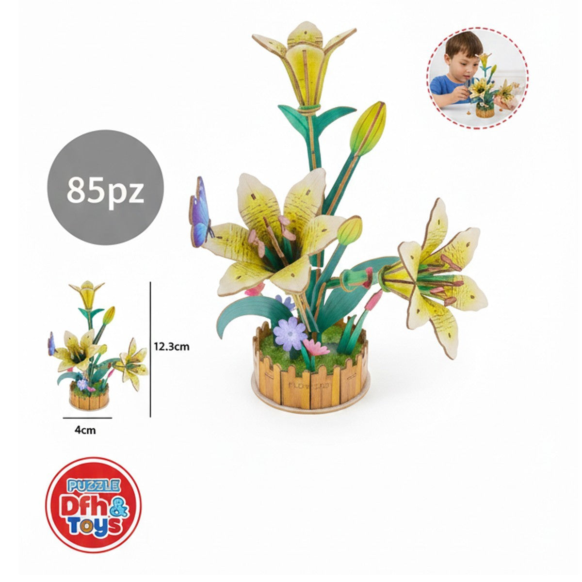 PUZZLE 3D GIGLIO GIALLO LEGNO 85PZ FIORI ARTIFICIALI COSTRUZIONI NATALE 32390