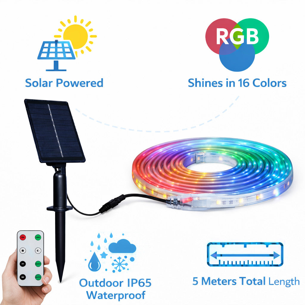BANDE LED SOLAIRE RGB 5 MÈTRES AVEC TÉLÉCOMMANDE MULTICOLORE RGB EXTÉRIEURE ET-31610