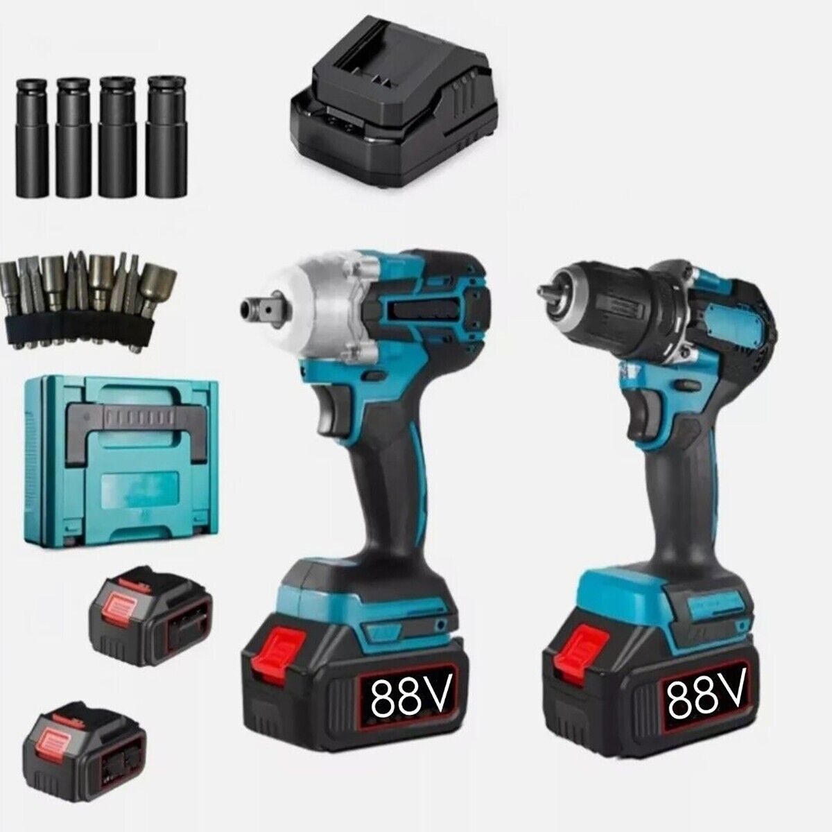 KIT AVVITATORE AD IMPULSI E TRAPANO CON 2 BATTERIE 88V 3200 GIRI ATTREZZI 1280NM