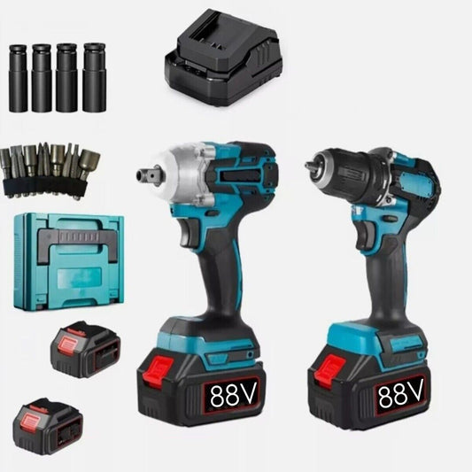 KIT AVVITATORE AD IMPULSI E TRAPANO CON 2 BATTERIE 88V 3200 GIRI ATTREZZI 1280NM