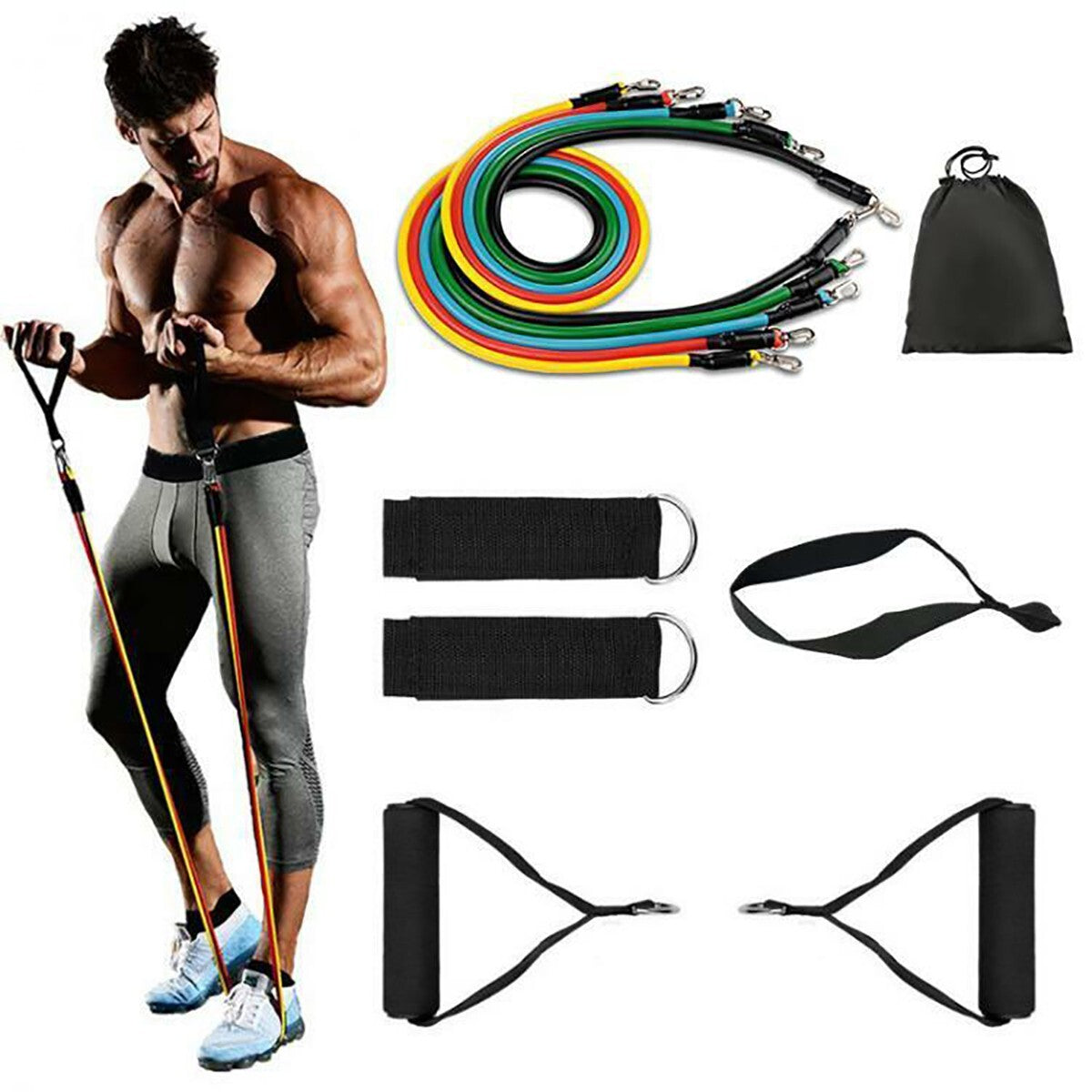 KIT 10 FASCE BANDE ELASTICHE ELASTICI FITNESS PALESTRA RESISTENZA MANIGLIE FORZA