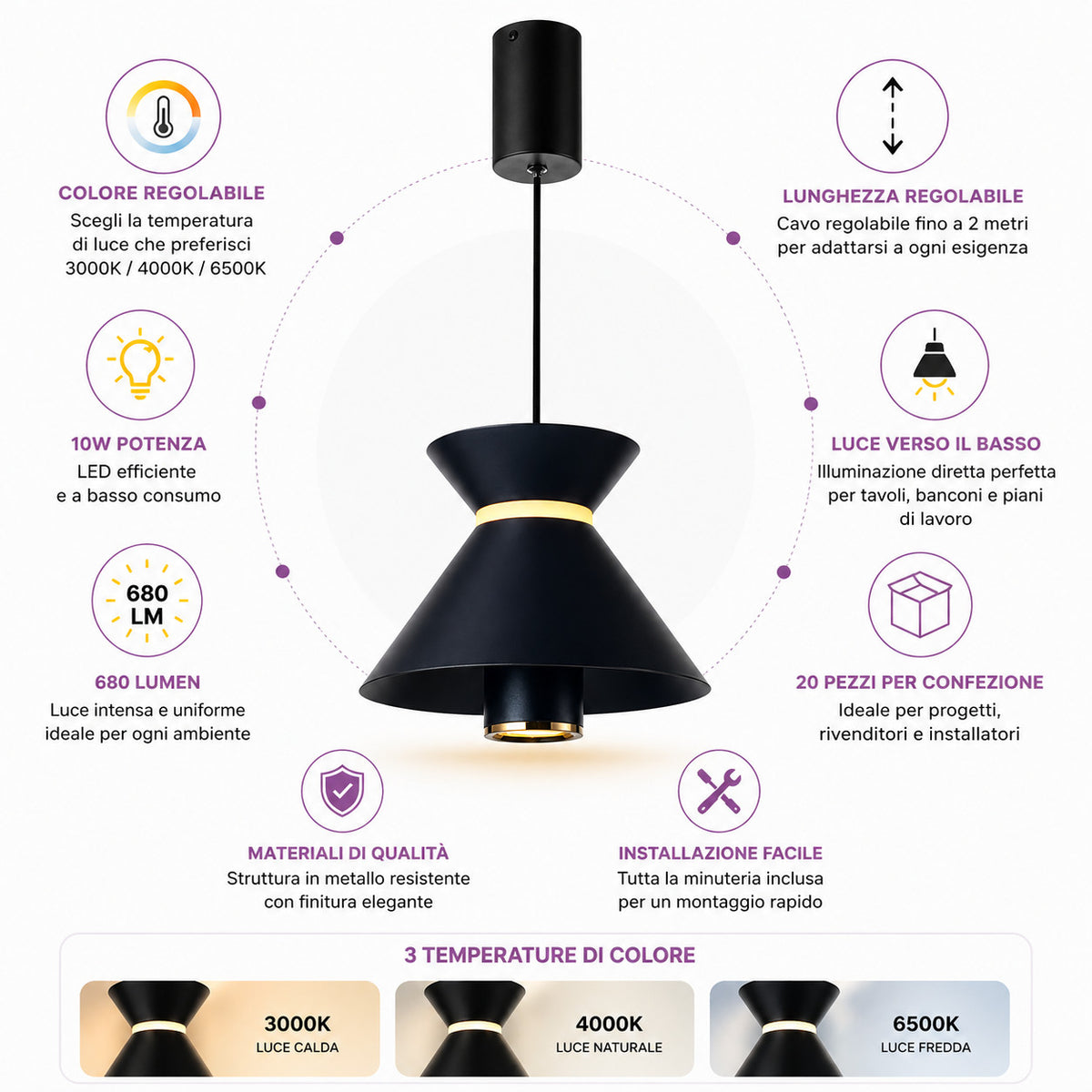 LAMPADARIO LED A SOSPENSIONE MODERNO NERO 10W DIMMERABILE CCT REGOLABILE LP021