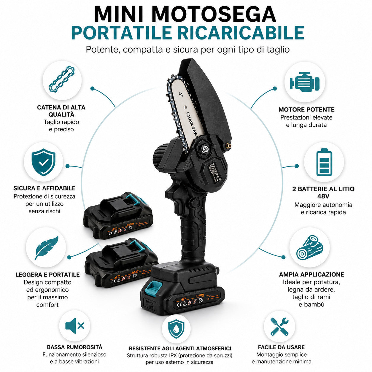 MINI MOTOSEGA 4" PORTATILE RICARICABILE A BATTERIA 48V POTATURA LEGNO SEGA 08208