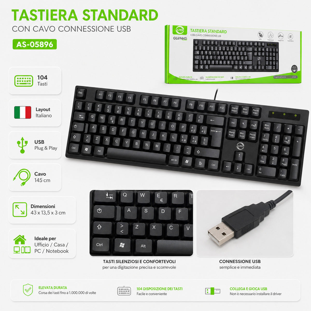 TASTIERA USB STANDARD 104 TASTI ITALIANA CABLATA PC  UFFICIO AS-05896