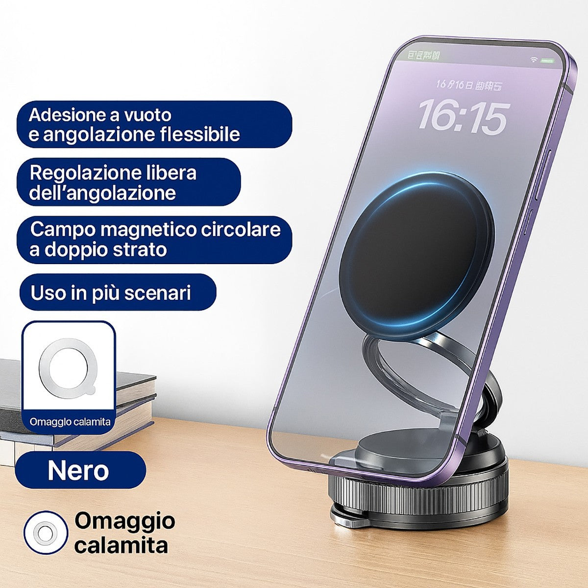 SUPPORTO AUTO MAGNETICO SMARTPHONE ASPIRA MAGSAFE CERCHIO GIREVOLE ROTAZIONE 360