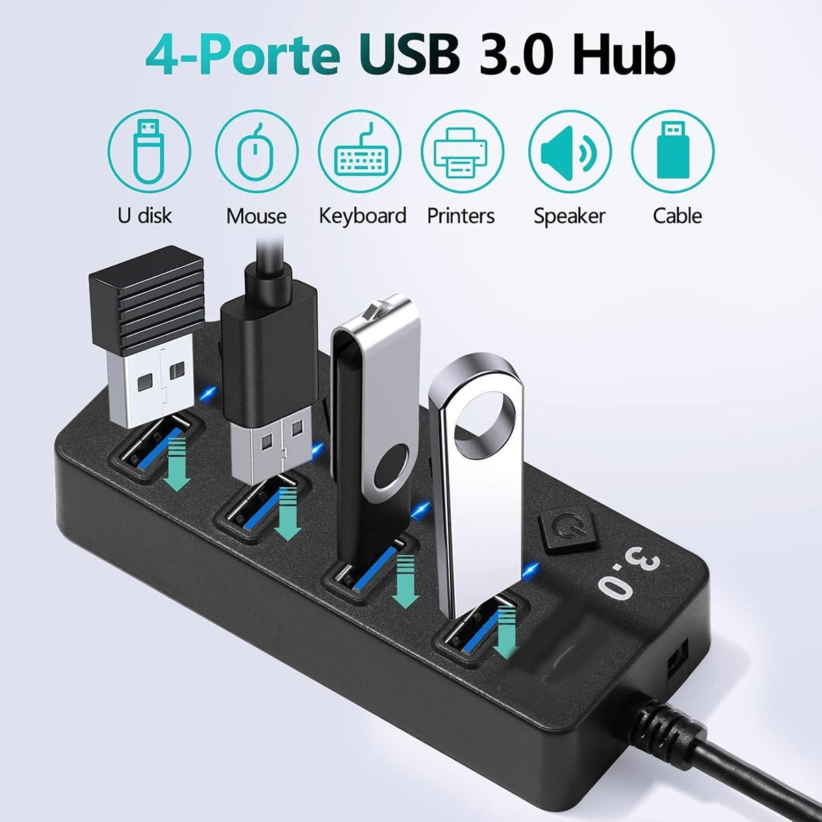 HUB USB 3.0 4 PORTE INTERRUTTORI INDIPENDENTI LED TRASFERIMENTO DATI AS-08055