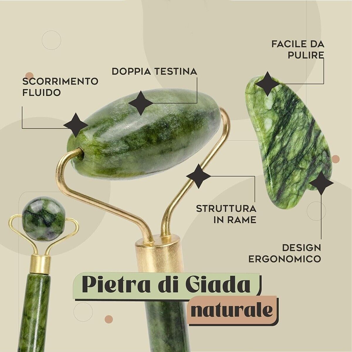 RULLO GIADA NATURALE E GUA-SHA PER VISOMASSAGGIATORE RASSODANTE E DETOSSINANTE