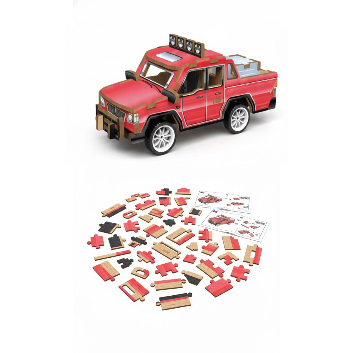 PUZZLE 3D PICKUP ROSSO AUTO LEGNO GIOCO COSTRUZIONI BAMBINI MODELLISMO 32382