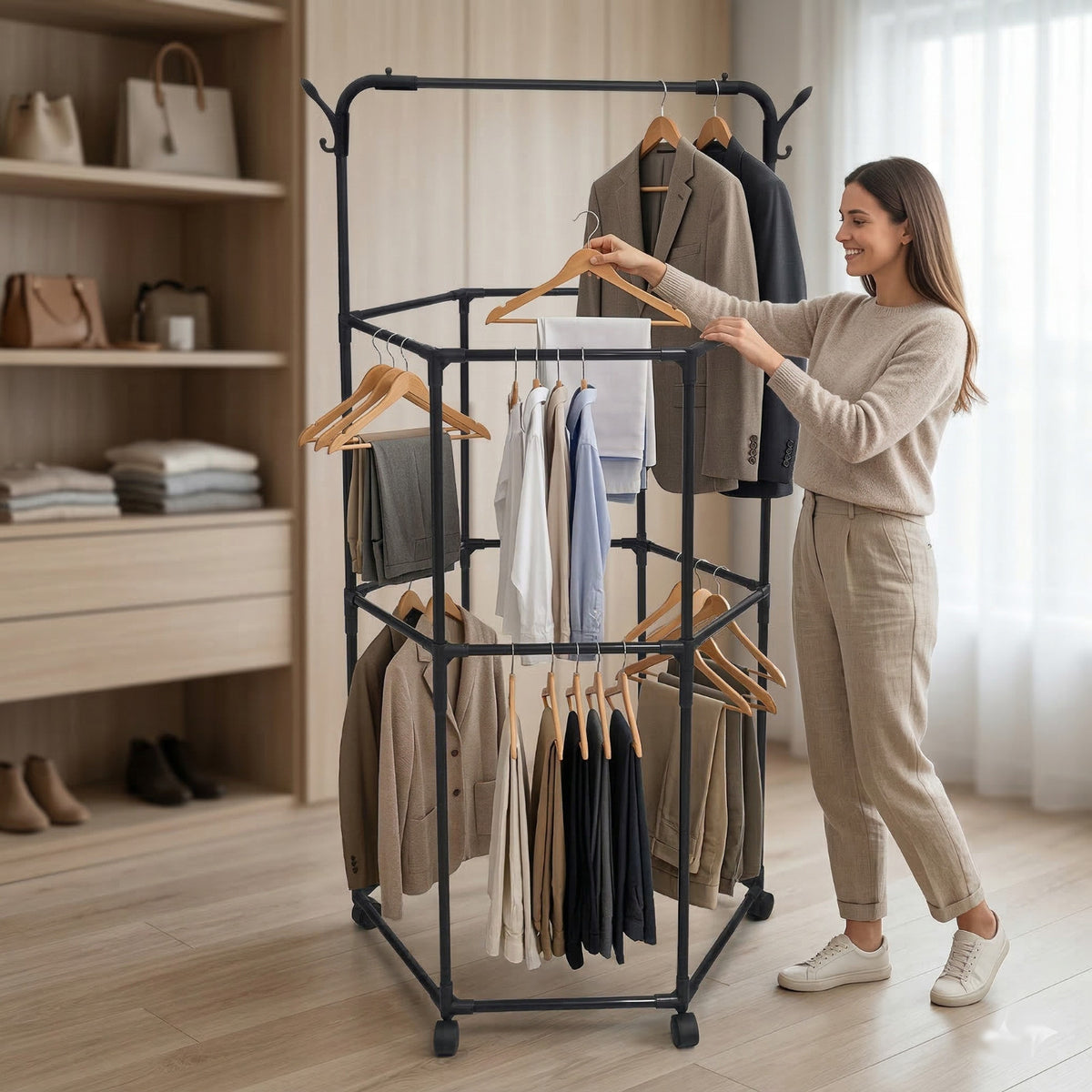 PORTE-MANTEAU ÉTENDOIR ROTATIF À ROULETTES PEUT ENCOMBRANT 69726