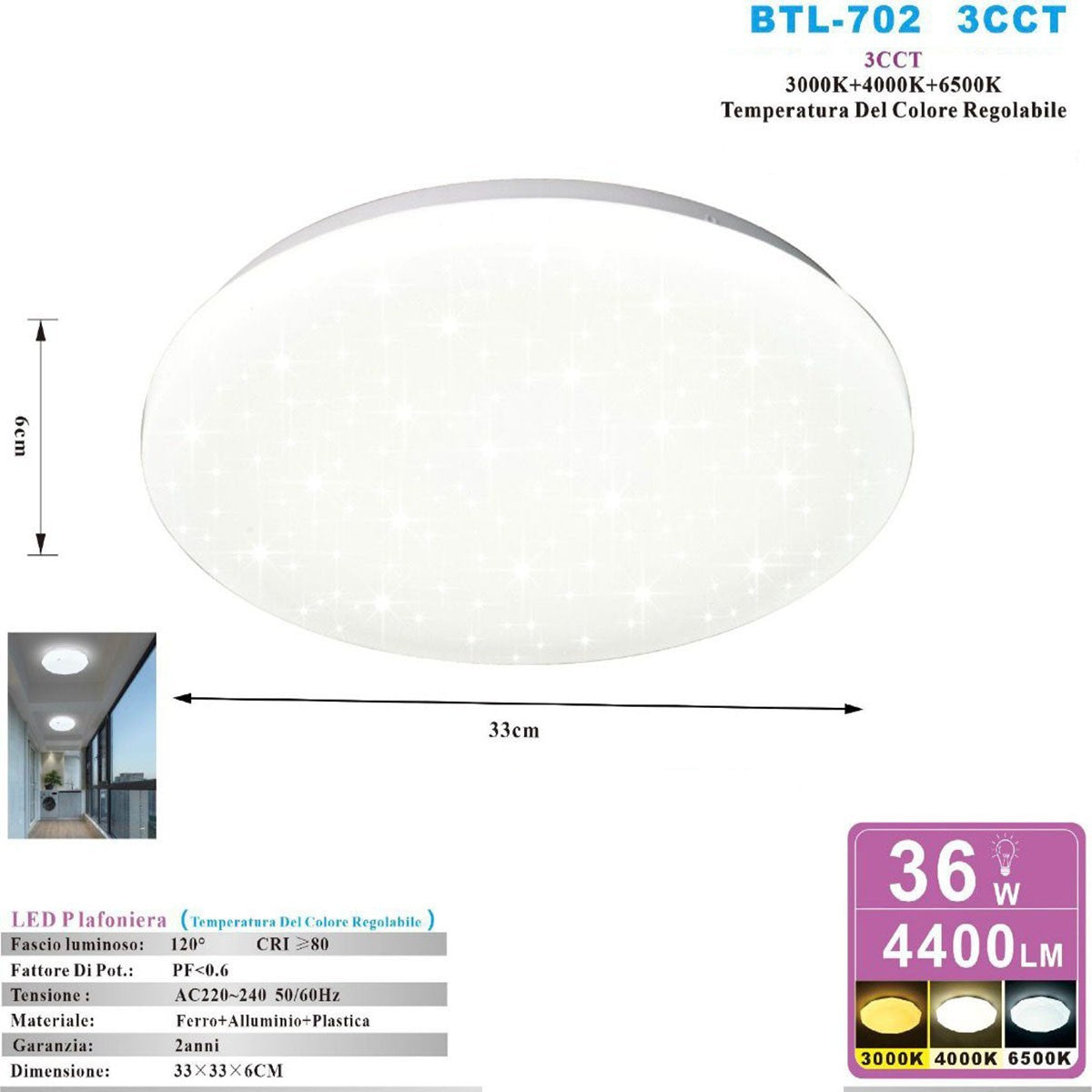 PLAFONIERA DA SOFFITTO LED 36W 3000K 4000K 6500K 4400LM SOTTILE 33 CM ET-31638