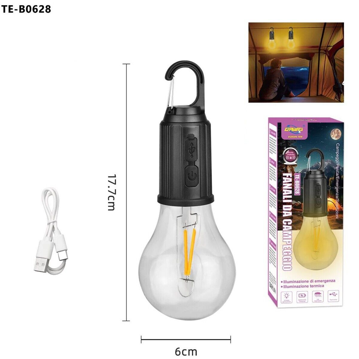 LAMPADA LED CAMPEGGIO USB RICARICABILE CON GANCIO PORTATILE LUCE EMERGENZA B0628